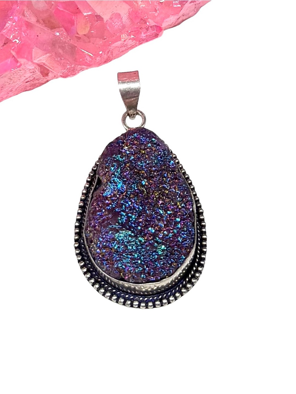 Purple Titanium Druzy Necklace Pendant 925 Sterling Silver Overlay